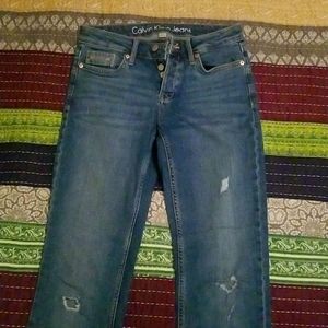 Calvin Klein Straight Leg Button Fly Distressed Light Wash Jean's. Great Jeans!